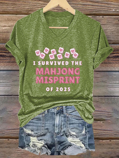 Frauen Ich habe den Mahjong-Fehl abdruck von 2025 Print T-Shirt überlebt