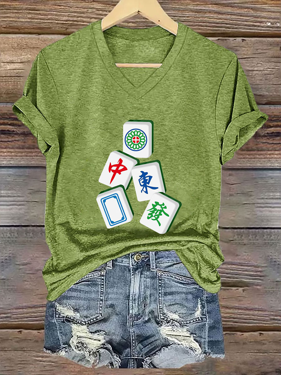 Frauen Es ist Mahjong-Zeit T-Shirt mit V-Ausschnitt