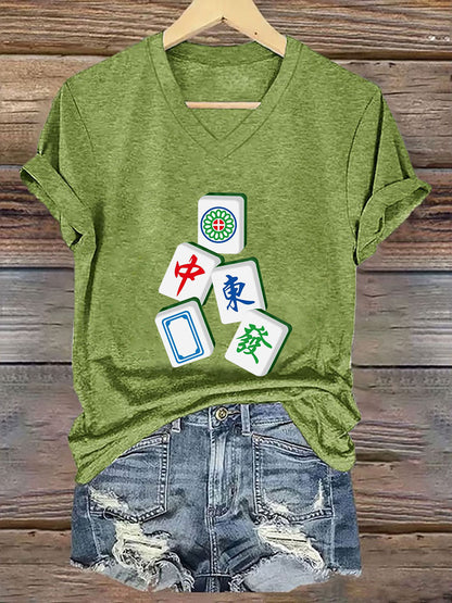 Frauen Es ist Mahjong-Zeit T-Shirt mit V-Ausschnitt