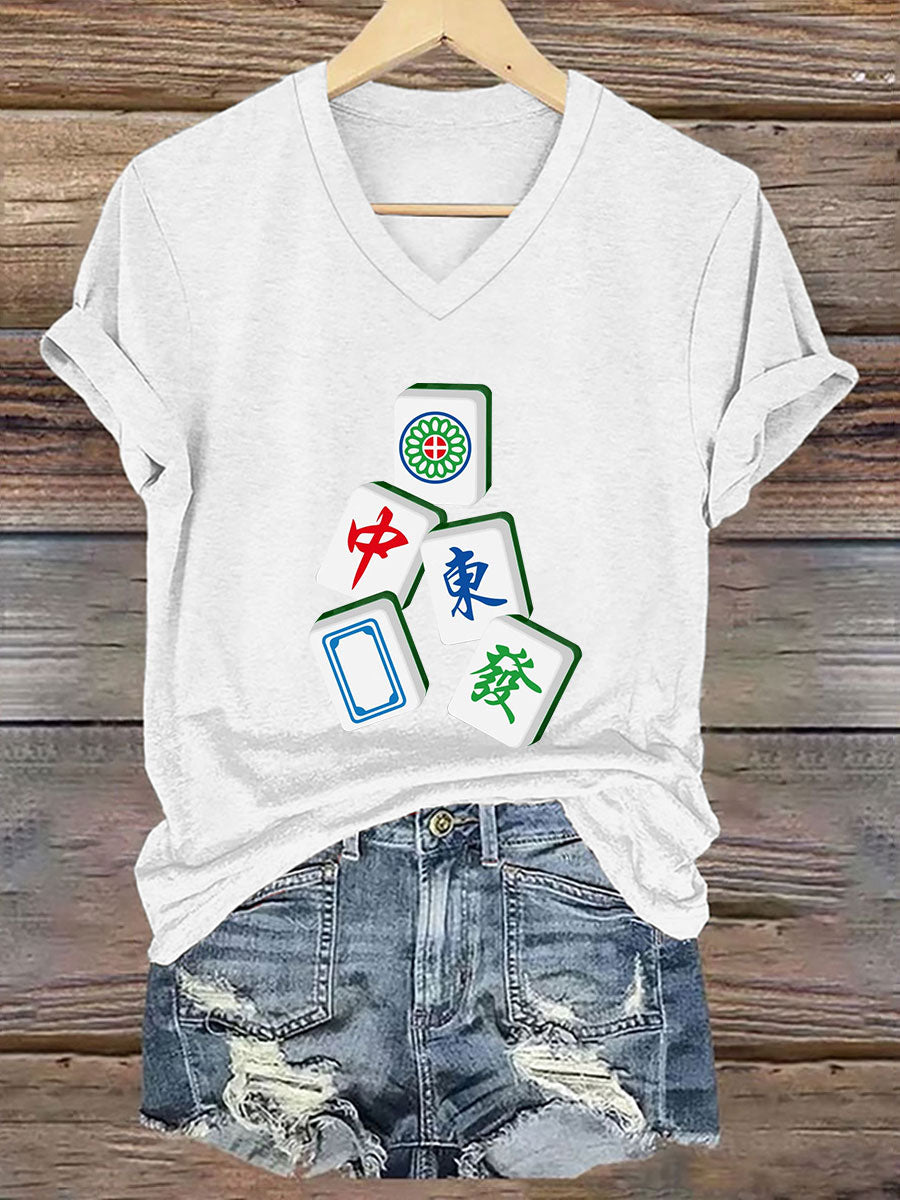 Frauen Es ist Mahjong-Zeit T-Shirt mit V-Ausschnitt