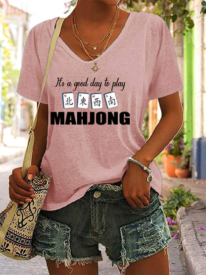 Frauen Mahjong Print V-Ausschnitt T-Shirt