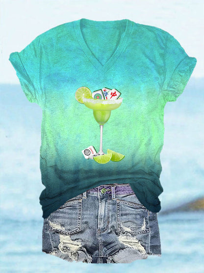 Frauen Lustiges Mahjong-Print V-Ausschnitt T-Shirt