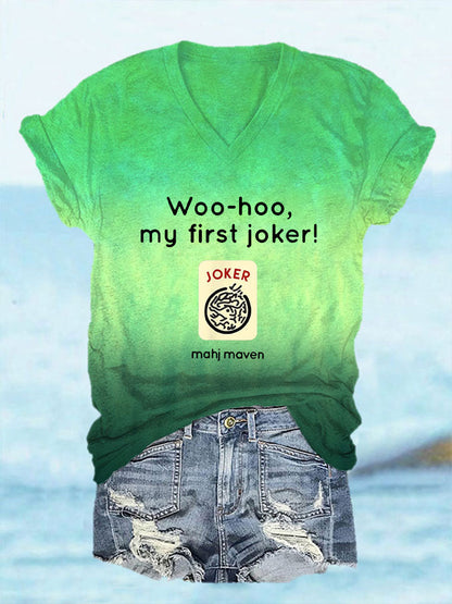 Frauen Woo-Hoo ma erster Joker Mahjong T-Shirt mit V-Ausschnitt