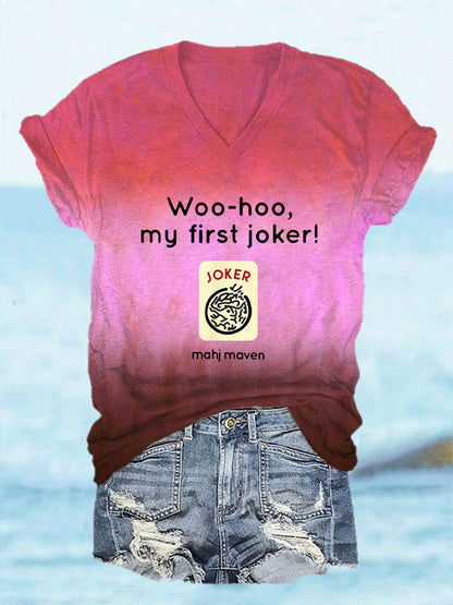 Frauen Woo-Hoo ma erster Joker Mahjong T-Shirt mit V-Ausschnitt