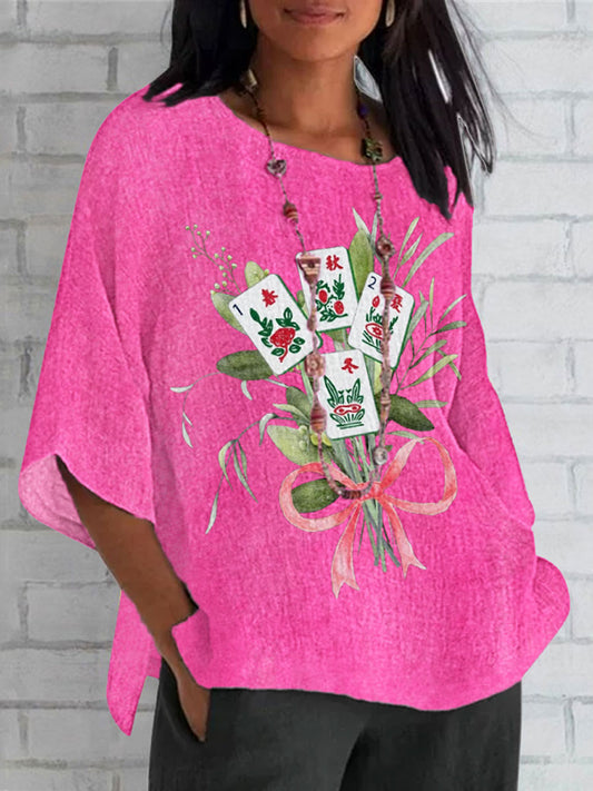 Damen Mahjong Bedrucktes lässiges Top