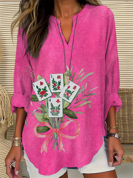 Damen Mahjong Blumen druck Casual Top