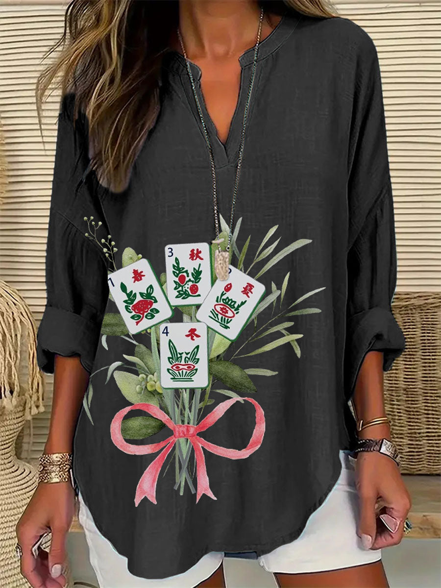 Damen Mahjong Blumen druck Casual Top