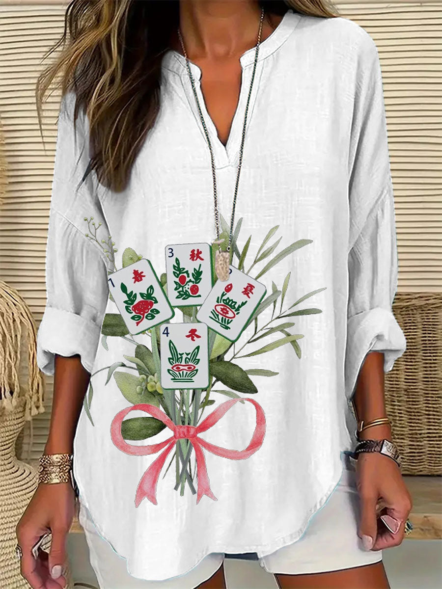 Damen Mahjong Blumen druck Casual Top