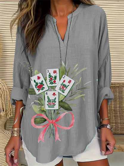 Damen Mahjong Blumen druck Casual Top