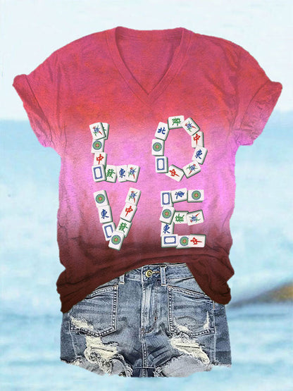 Frauen Liebe Mahjong T-Shirt mit V-Ausschnitt