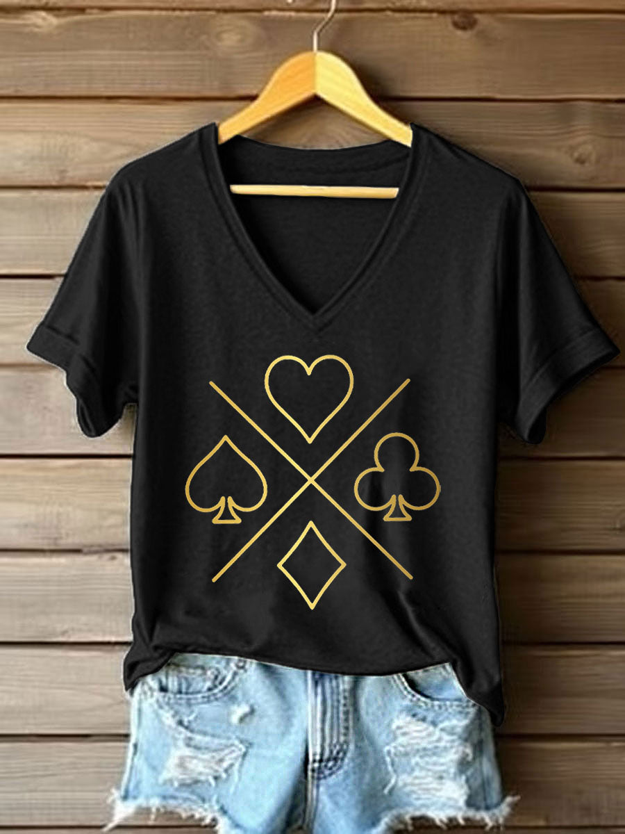 Frauen Poker Karten Kunstdruck V-Ausschnitt T-Shirt