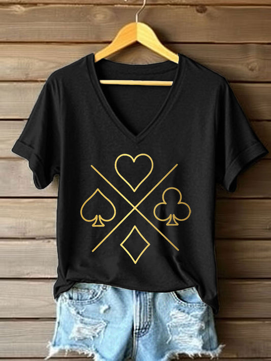 Frauen Poker Karten Kunstdruck V-Ausschnitt T-Shirt