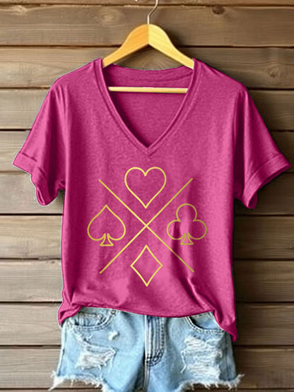Frauen Poker Karten Kunstdruck V-Ausschnitt T-Shirt