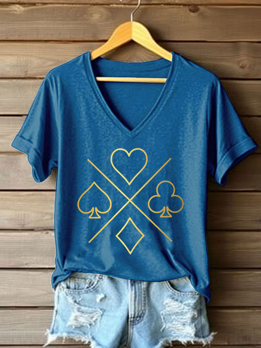 Frauen Poker Karten Kunstdruck V-Ausschnitt T-Shirt