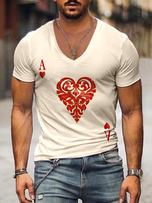Herren Loses Basic V-Ausschnitt bedrucktes Kurzarm-T-Shirt