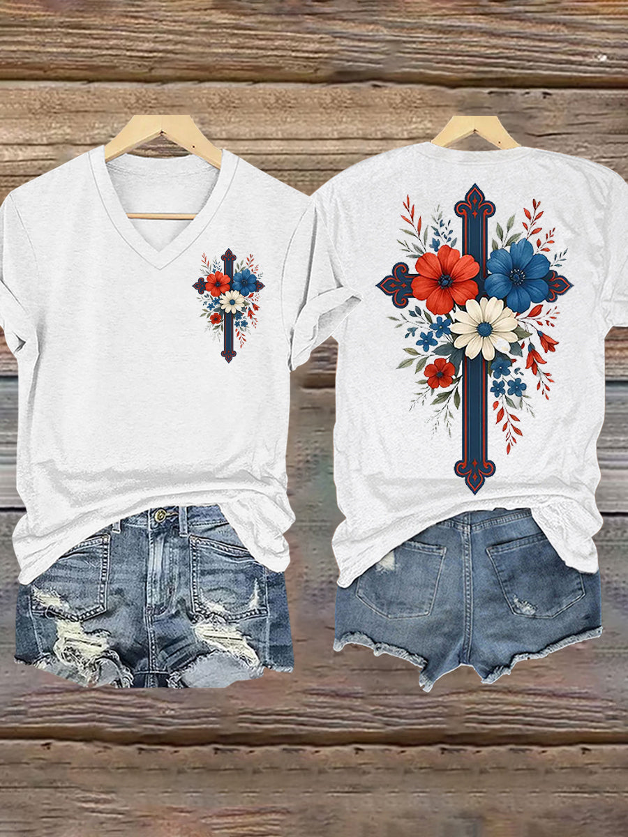 Frauen buntes Blumen glauben Kreuz druck T-Shirt
