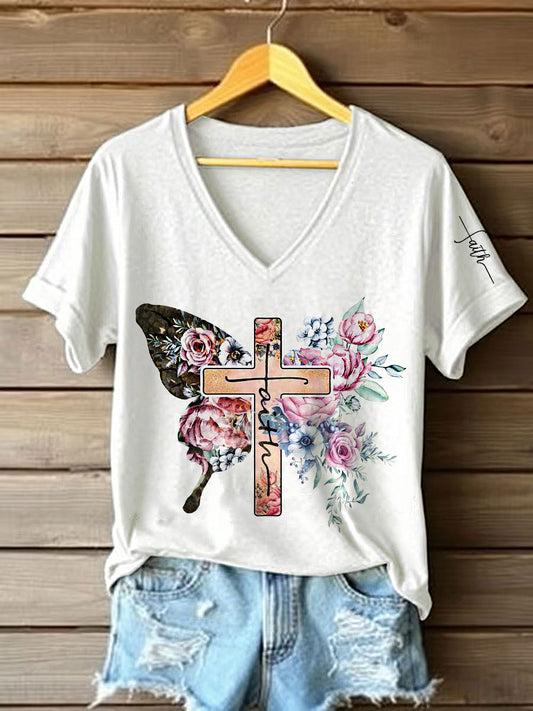 Frauen Glauben Kreuz Blumen Kurzarm T-Shirt