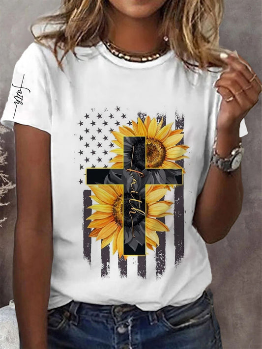 Frauen Glauben Kreuz Blumen Kurzarm T-Shirt