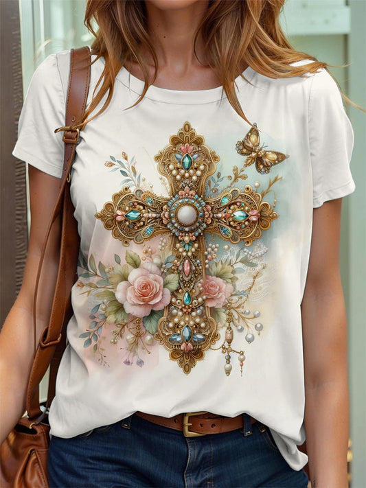 Frauen Kreuz Kreuz Blumen druck T-Shirt