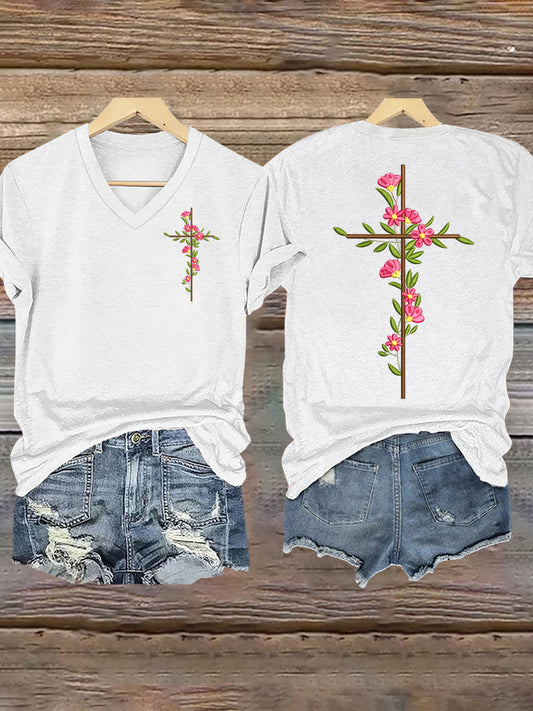 Frauen Kreuz Kreuz Blumen druck T-Shirt