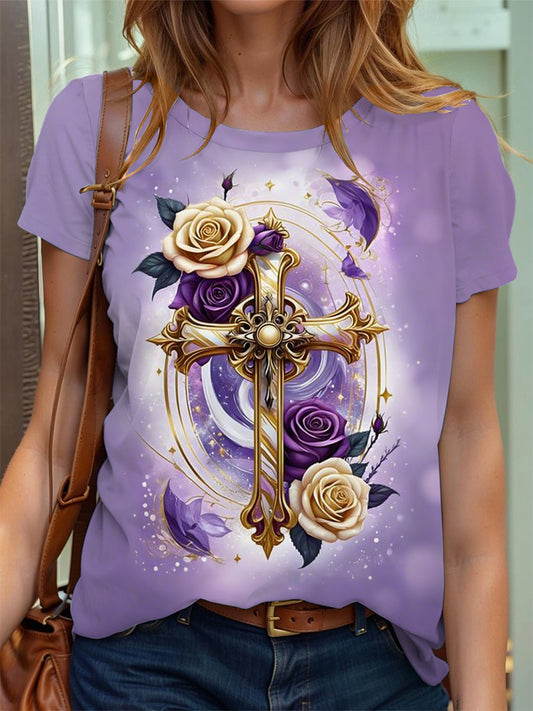 Frauen Kreuz Kreuz Blumen druck T-Shirt