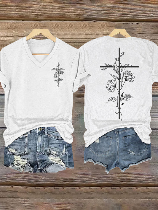 Frauen Kreuz Kreuz Blumen druck T-Shirt
