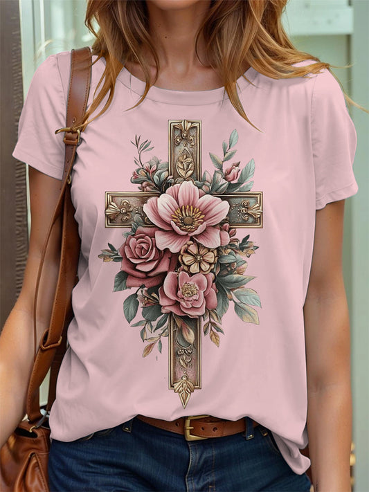 Frauen Kreuz Kreuz Blumen druck T-Shirt