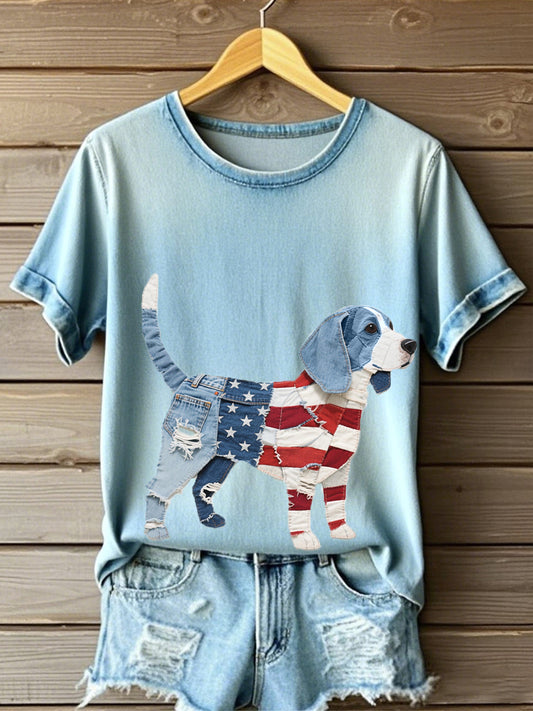 Frauen Unabhängigkeit stag inspirierte Beagle Muster Patchwork Kunst T-Shirt