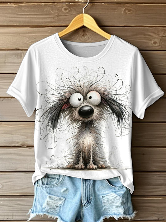Frauen lustiges verrücktes Haar Cartoon-Hunde druck lässiges T-Shirt