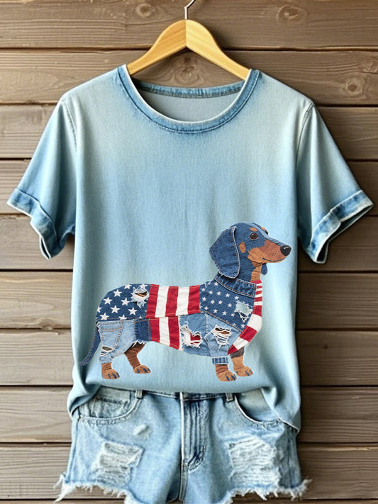 Frauen Unabhängigkeit stag inspirierte Dackel Muster Patchwork Kunst T-Shirt