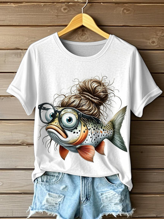 Frauen lustiges Cartoon-Fisch-Druck-lässiges T-Shirt