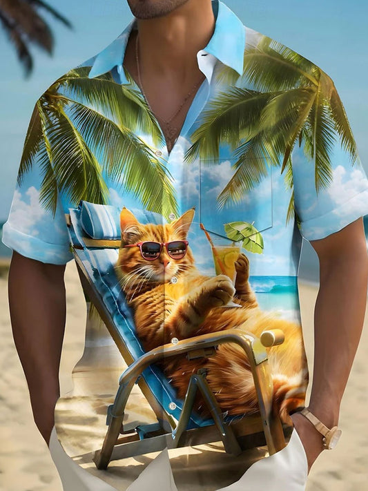 Herren lustige Katze Kokosnuss baum Kurzarm Sommer Hawaiian Shirt