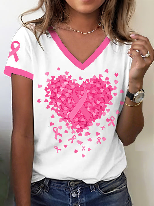 Frauen Brustkrebs Bewusstsein Herz Band Druck T-Shirt