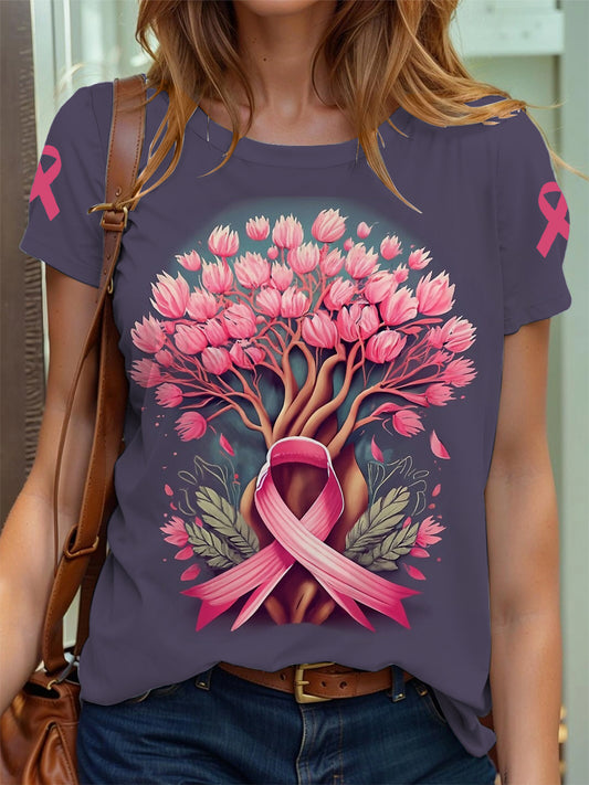 Frauen Brustkrebs Bewusstsein Baum des Lebens Rosa Band Print T-Shirt