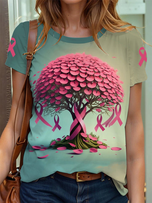Frauen Brustkrebs Bewusstsein Baum des Lebens Rosa Band Print T-Shirt