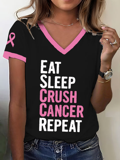 Frauen Brustkrebs Bewusstsein Essen Schlaf Crush Krebs Wiederholung T-Shirt