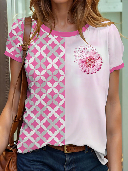 Frauen Brustkrebs Bewusstsein Sonnenblume Rosa Band Print T-Shirt