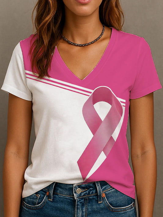 Frauen Brustkrebs Bewusstsein Rosa Band V-Ausschnitt T-Shirt