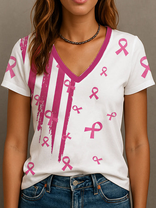 Frauen Brustkrebs Bewusstsein Rosa Band V-Ausschnitt T-Shirt