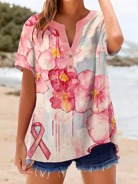 Frauen Brustkrebs Rosa Band Blumen Druck Kurzarm-Shirt