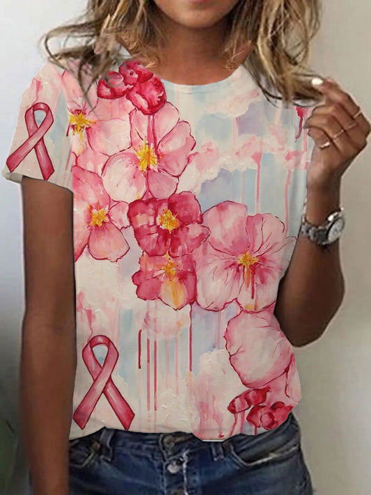 Frauen Brustkrebs Rosa Band Blumen Druck Kurzarm T-Shirt