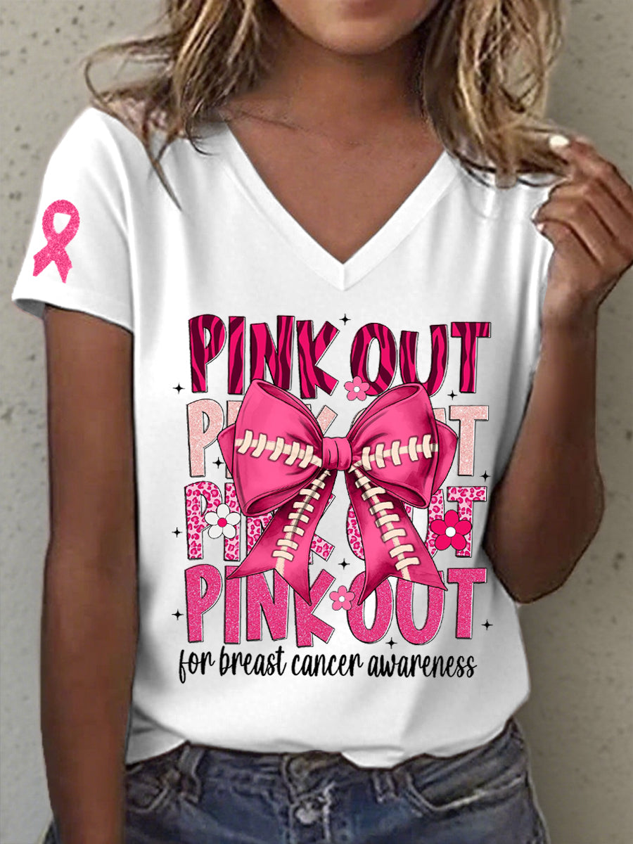 Frauen Pink Out für Brustkrebs Bewusstsein Print V-Ausschnitt T-Shirt