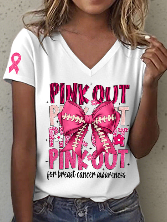 Frauen Pink Out für Brustkrebs Bewusstsein Print V-Ausschnitt T-Shirt