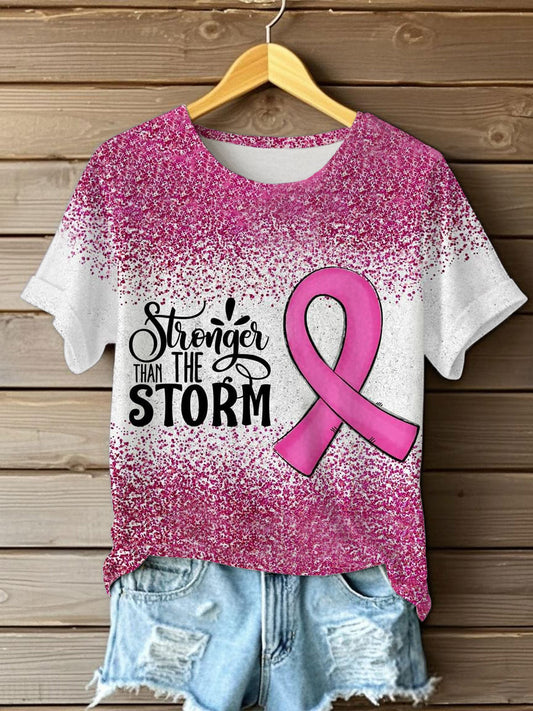 Frauen Brustkrebs Bewusstsein Rosa Band stärker als der Sturm Print Kurzarm T-Shirt