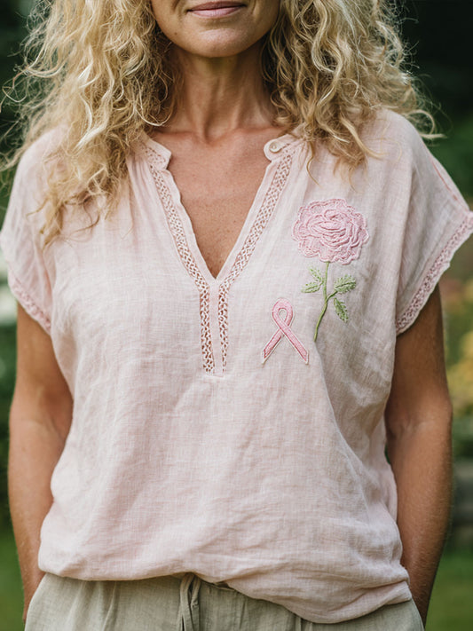 Frauen rosa Band & Blumen besticktes Leinen hemd