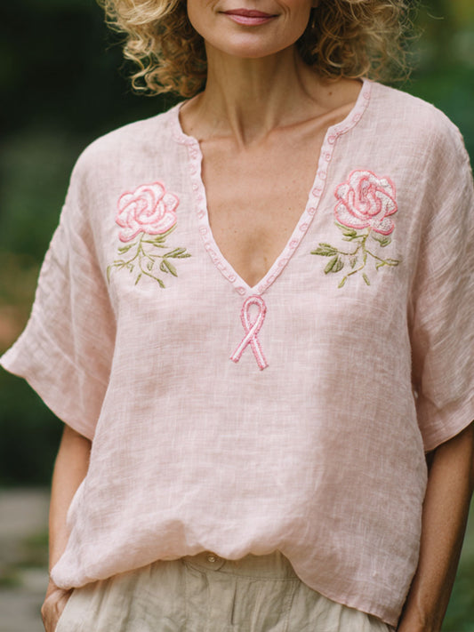 Frauen rosa Band & Blumen besticktes Leinen hemd