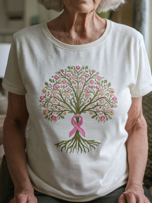 Frauen rosa Band & Baum des Lebens besticktes T-Shirt