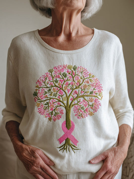 Frauen rosa Band & Baum des Lebens besticktes T-Shirt