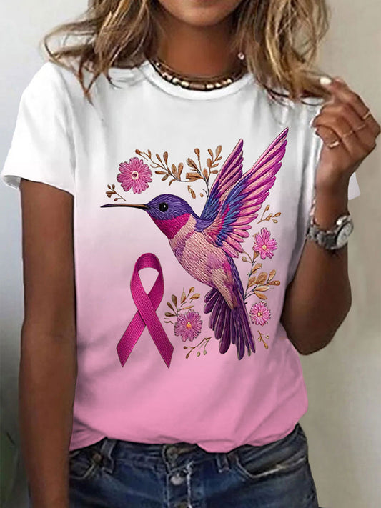 Frauen Brustkrebs Kolibri Print Casual T-Shirt