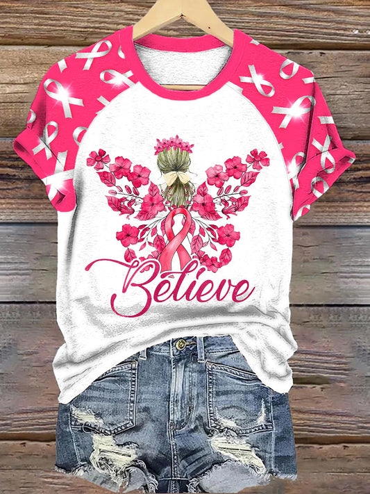 Frauen Brustkrebs Bewusstsein Rosa Band Blumen glauben T-Shirt